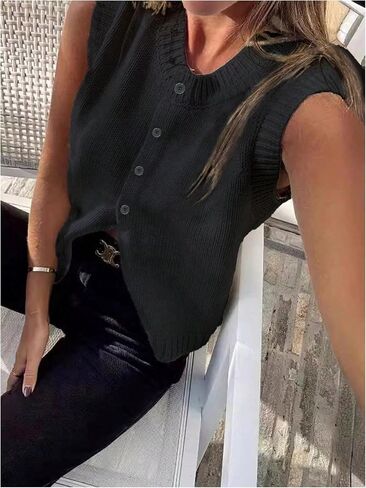 GORGLITTER Women's Button Up Sweater Vest Crewneck Sleeveless Knit Sweater Tank Top in Saudi Arabia
