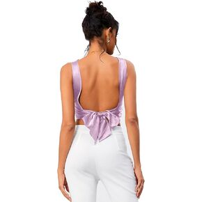 OYOANGLE Women's Satin Crop Top Bowknot Backless Sleeveless Ruched Party Blouse Going Out