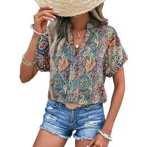 Floerns Women's Boho Paisley Print Notch V Neck Buttoned Flare Short Sleeve Blouse Top