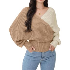 Women's Wrap V Neck Cropped Sweaters 2024 Fall Batwing Long Sleeve Cross Front Color Block Knitted Pullover Tops