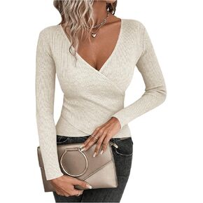 MakeMeChic Women's Ribbed Knit Sweater Long Sleeve Wrap V Neck Criss Cross Slim Fit Knitted Pullovers Top