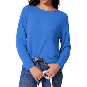 Allimy Womens Crewneck Loose Fit Long Sleeve Solid Casual Side Slit Knit Pullover Sweaters Outerwear
