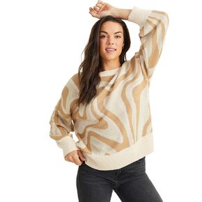 ALTAR'D STATE Women's Long Sleeve Knitted Bella Sweater, Tonal Swirl Casual Fit Brown and White Pullover, Taupe, Small