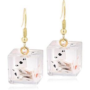 Unique Dainty Cute 3D Poker Red hearts and spades A Ace Playing Cards Dangle Drop Earrings in Transparent Ice Cube for Women Gambling Casino Jewelry Gift