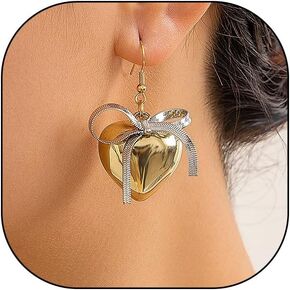 Chunky Gold Heart Dangle Earrings for Women,Puffy Heart Bow Drop Earrings Trendy Bowknot Hook Earrings,Aesthetic Anniversary Jewelry Gift for Lover