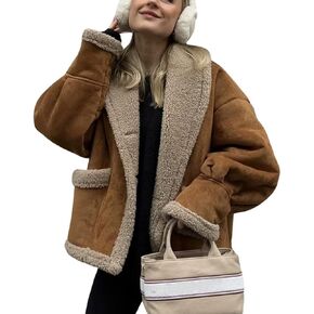 chouyatou Women's Winter Casual Faux Suede Leather Jacket Button Down Fuzzy Sherpa Lined Jacket Coat