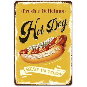 Hot Dogs Tin Signs-Hot Dogs Best in Town, Fast Food Metal Retro Vintage Painting Poster Wall Decor for Hot Dogs Truck Restaurant Home Kitchen Bar Pub Shop 12x8 Inch Decorations