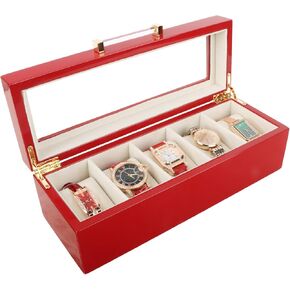 SANZIE Wooden Watch Box for 5 Sets Watches Display Case Luxury Watches Organizer for Gentlemen. 11IN*3.9IN*3.5IN (Red)
