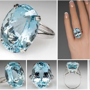 Vintage Fashion Women 925 Silver Large Oval Cut Aquamarine Gemstone Ring Engagement Wedding Jewelry Goose Egg Diamond Sea Blue Topaz Ring Size 5-11