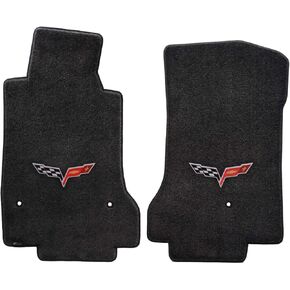 Fits 2007.5-2013 C6 Corvette Driver & Passenger Floor Mats Set; Black / Ebony Velourtex Fabric with Crossed Flags Logo Embroidery