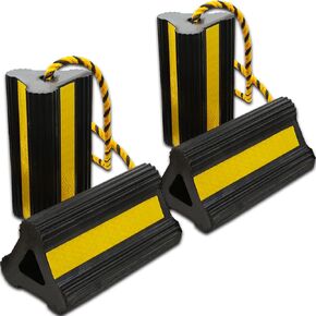 Wheel Chocks for Travel Trailers Camper RV Truck Car, Solid Rubber Sturdiness Heavy Duty Simple Easy to Use, Tires Chock Block Stopper with Nylon Rope Yellow Reflective Tape [2pair/4pack]