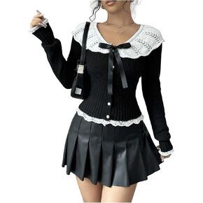 MakeMeChic Women's Contrast Lace Bow Tie Long Sleeve Cardigan Sweater Button Front Slim Fit Knitted Cardigans