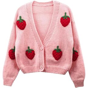 MakeMeChic Women's Strawberry V Neck Button Down Sweater Cardigan Long Sleeve Drop Shoulder Crop Cardigans