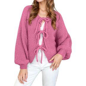 Kissonic Women's Tie Front Bow Cardigan Sweaters Y2K Bow Puff Long Sleeve Jacket 2024 Fall Trendy Tops(Pink-S)