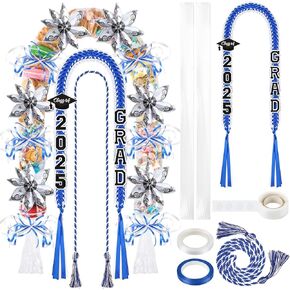 YLOLUL 16 Pcs Graduation Ribbon Leis Graduation Candy Lei Kit with Honor Cord Class of 2025 Graduation Gift for Party (Blue White, 48inch)