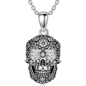 Diamond Skull Necklace for Women 925 Sterling Silver Floral Skull Pendant Necklaces with Lab Grown Diamond Jewelry Gifts