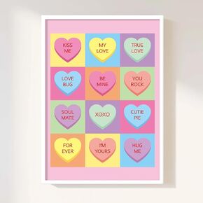 Valentines'Day Wall Art Print Pastel Pink Conversation Heart Art Poster Romantic Wall Decor for Wedding Home Living Room Bedroom, UNFRAMED, 11 x 14 Inch