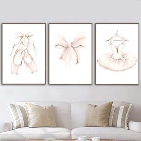 Ballet Dress Bow Wall Art Prints Set of 3 Ballerina Poster Nursery Canvas Painting Beige Dancing Shoes Tie Art Print Nordic Aesthetic Picture Girls Room Bedroom Decor 12x16 inch No Framed