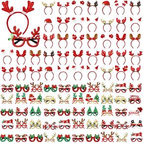 Giegxin 96 Pcs Christmas Headbands and Glasses Frames Set, Assorted Styles Xmas Party Glitter Glasses Frame and Cute Hair Hoop Headwear Accessories for Christmas Party Supplies and Costume Decorations