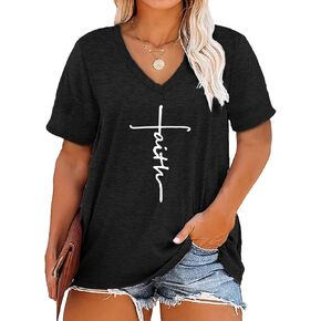 Plus Size Faith Shirts Womens V Neck Tshirt Graphic Tees Christian Short Sleeve Summer Tops