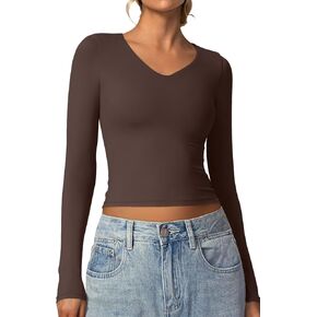 Vertvie Women's Double Lined Long Sleeve Shirts Sexy V Neck Tops Fitted Basic Tee Tight Trendy T Shirts 2024 Going Out Tops