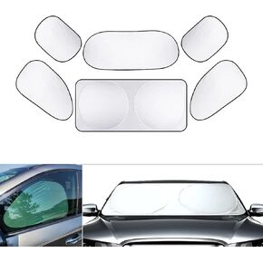 6 PCS Car Front and Rear Windshield Side Window Sunshade Set, Heat Insulation Anti-UV Comprehensive Protective Cover, Foldable Storage Suction Cup Installation, Universal for Cars (Silver)