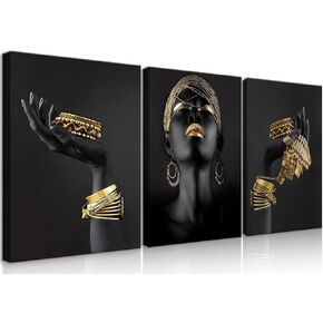 BJVJKSU Black Gold African American Woman Wall Art Fashion Black Girl Golden Jewellery Canvas Wall Decor Elegant Black Woman Pictures Posters Girl Bedroom Living Room Home Painting(16x24in)