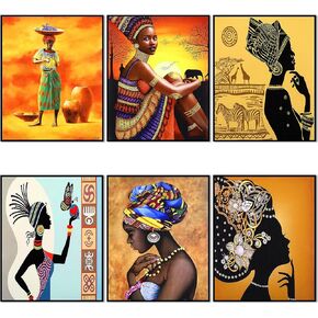 Outus 6 Pieces African Wall Art Painting Ethnic Ancient Retro Canvas Picture Black Woman Ethnic Ancient Theme Diamond Girl for Home Bedroom Bathroom Wall Decor, Unframed