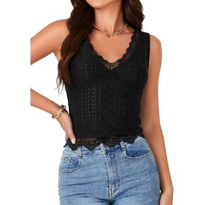 Vrtige Women's Sexy V Neck Lace Eyelet Embroidery Sleeveless Fitted Crop Tank Top Shirt