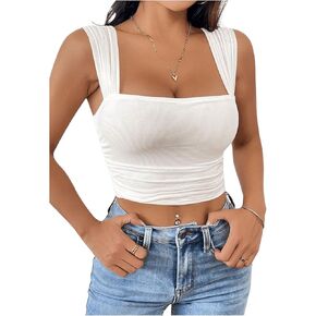 OYOANGLE Women's Square Neck Sleeveless Wide Strap Ruched Summer Solid Crop Tank Tops