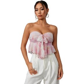 OYOANGLE Women's Floral Print Tie Front Ruffle Trim Strapless Tube Tops Asymmetrical Hem Crop Top