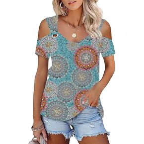 Women O Ring Cold Shoulder Cute Shirts Casual Loose Fit Short Sleeve Shirt Gradient Notched Neck Casual Tee