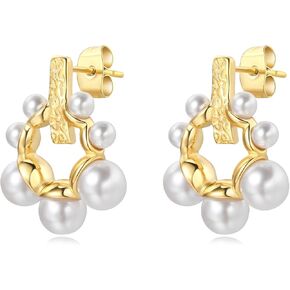 YAMI Gold Hoop Earrings for Women, 14K Gold Plated Lightweight Chunky Open Hoops Hypoallergenic Earrings, Pearl Earrings Jewelry Gifts for Her