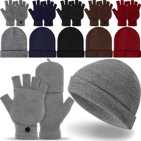 Geyoga 5 Sets Winter Beanies and Gloves 5 Warm Knitted Hats 5 Pairs Flip Fingerless Mittens Cold Gift for Men Women