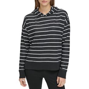 Andrew Marc Women's Long Sleeve Fashion Hoodie, Black/White Stripe