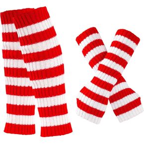 Red and White Striped Leg Warmers Fingerless Gloves Socks for Women Girls Halloween Cosplay Costume Party