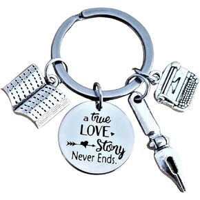 Writer Keychain Writer Gift Author Novelist Journalist Librarian Book Lover Gift Pen Typewriter Charms A True Love Story Never Ends