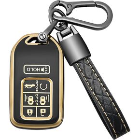for Honda Key Fob Cover Soft TPU with Leather Keychain 360 Degree Protection Key Case Shell Holder Fits for 2018-2024 Honda Odyssey Elite EXL EX EX-L LX Touring 7 Buttons Smart Key,B Black