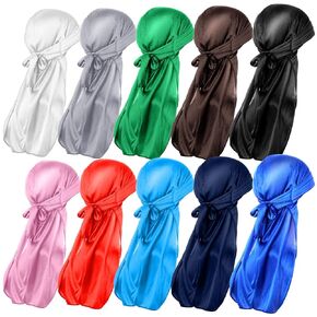 Molain 10 Pieces Silk Durags for Men Women Waves, Satin Silky Durag 360 Waves with Long Tail and Wide Straps (10 Colors)