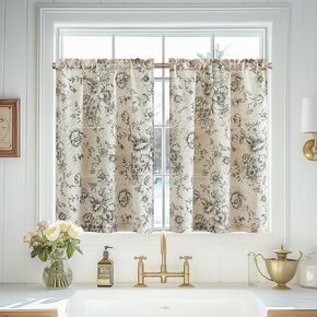 Vangao Linen Kitchen Curtains Floral Tier Curtains 36 Inch Farmhouse Botanic Cafe Curtains Small Window Curtains Rustic Half Window Curtains for Living Room Bathroom Laundry 2 Panels Black on Beige