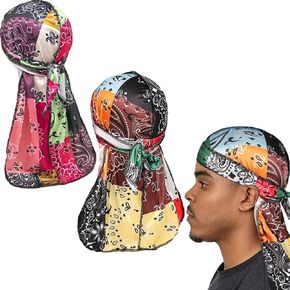 Assorted Paisley Silk Durag with Long Tail and Wide Straps for 360 Waves Men's Women's Bandana Doo rag Cap Headwraps