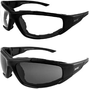 Epoch Eyewear Foam 2 Padded Motorcycle Sunglasses 2 Pair Black Frames w/Smoke & Clear Lenses