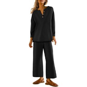 TIYOMI Ladies Plus Size Black 4X Waffle Outfits Long Sleeve Pullover Button V Veck Knitting Suits Sweatersuits Casual 2 Piece Lounge Sets 4XL 24W 26W