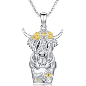 Highland Cow Necklace 925 Sterling Silver Sunflower Cow Pendant Necklace Cute Animal Cow Jewelry Scottish Gfits for Women