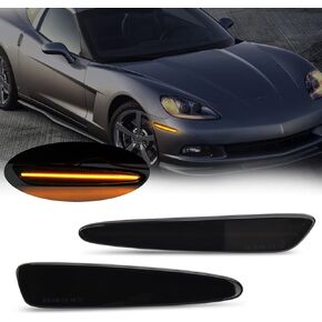 D-Lumina LED Side Marker Lights Smoked Lens for Chevy Corvette C6 2005 2006 2007 2008 2009 2010 2011 2012 2013 Front Bumper Side Lights Amber LED Turn Signal Sidemarker Replacement 2 Pieces