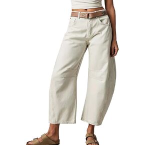 بنطلون جينز نسائي واسع الساق من HOTIAN بتصميم برميلي على شكل حدوة حصان وصديقها مقصوص بحاشية خام من قماش الدنيم جينز عصري عتيق باللون الرمادي، مقاس X-Large in Kuwait