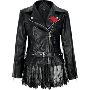 Women's faux leather lace moto jacket with Peplum rose vintage riding coat