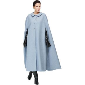 Women Wool Blend Single-Breasted Cape Coat Vintage Jacket Outwear with Pockets for Fall Winter