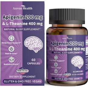 Apigenin 200mg with L-Theanine 400mg Supplement, Natural Relaxation & Stress Support – Gluten Free & Non-GMO, Zero Fillers丨60 Veggie Capsules