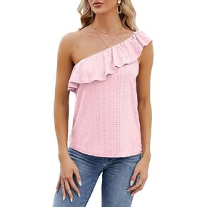 LYKSAW Women's Sexy One Shoulder Ruffle Trim Pleated Tank Tops Hollow Out Casual Loose Tunic Shirts